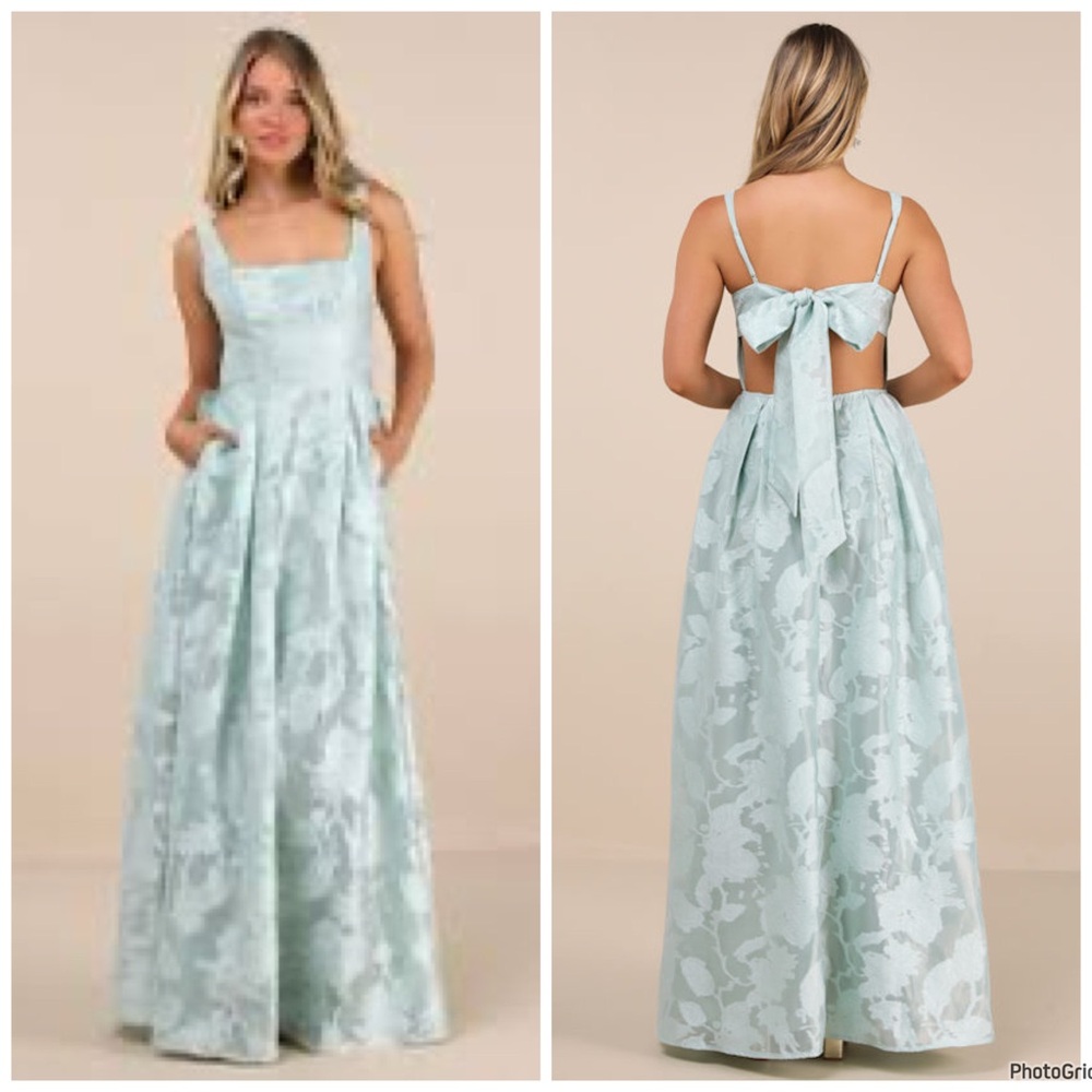 Lulu's Light Mint Floral Jacquard Maxi Dress with Back Bow